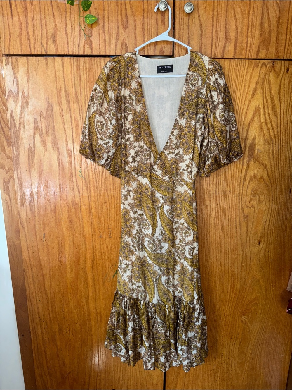 MINKPINK Paisley V-Neck Midi Dress in Mustard and Cream